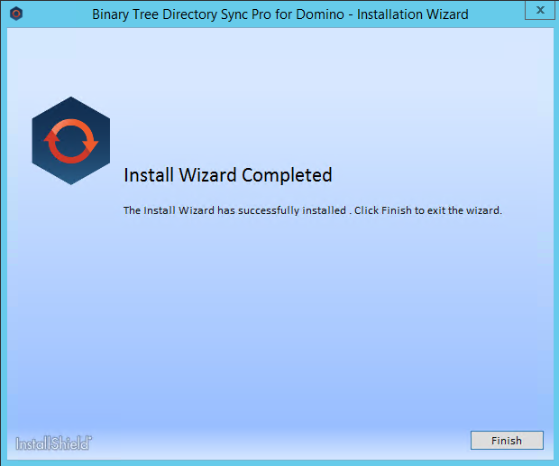 Machine generated alternative text: li-ktailSlnielU•  Binary Tree Directory Sync Pro for Domino - Installation Wizard  Install Wizard Completed  The Install Wizard has successfully installed  . Click Finish to exit the wizard.  Finish 