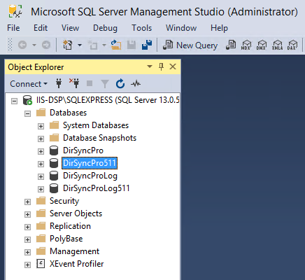 Microsoft SQL Server Management Studio (Administrator)  Edit View Tools Wmdow Help  Connect • •r  System  Dirs»mcpm  DirSyncProLcg  Dirsyn,proLog511  Objects  • Replietion  Manage ment 