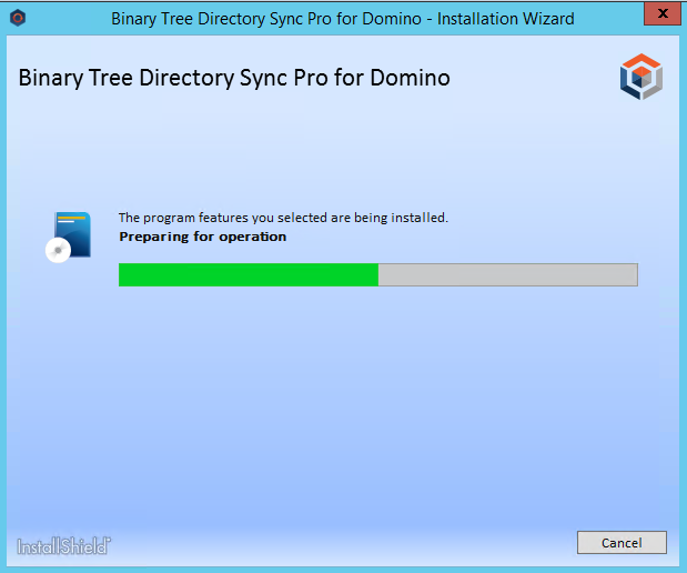 Machine generated alternative text: Binary Tree Directory Sync Pro for Domino - Installation Wizard  Binary Tree Directory Sync Pro for Domino  The program features you selected are being installed.  Preparing for operabon  lh'ktailSlnielU•  Cancel 