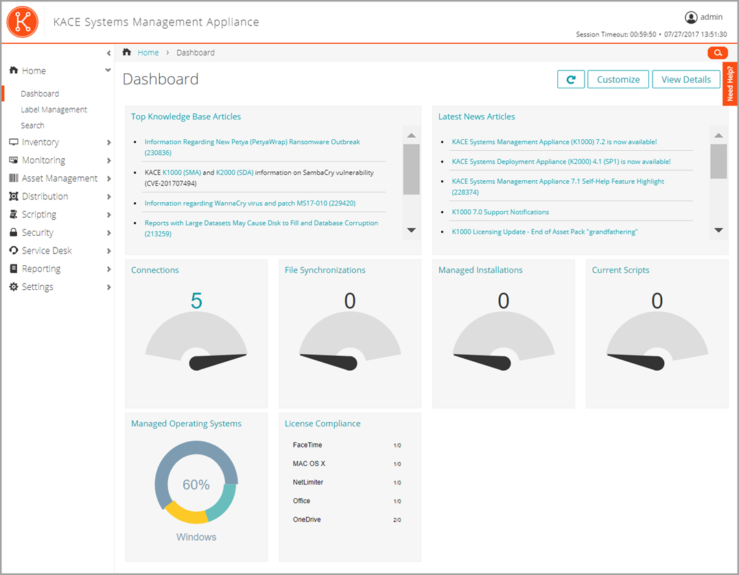 This image of the Dashboard displays Connections and Provisioning widgets, among others.