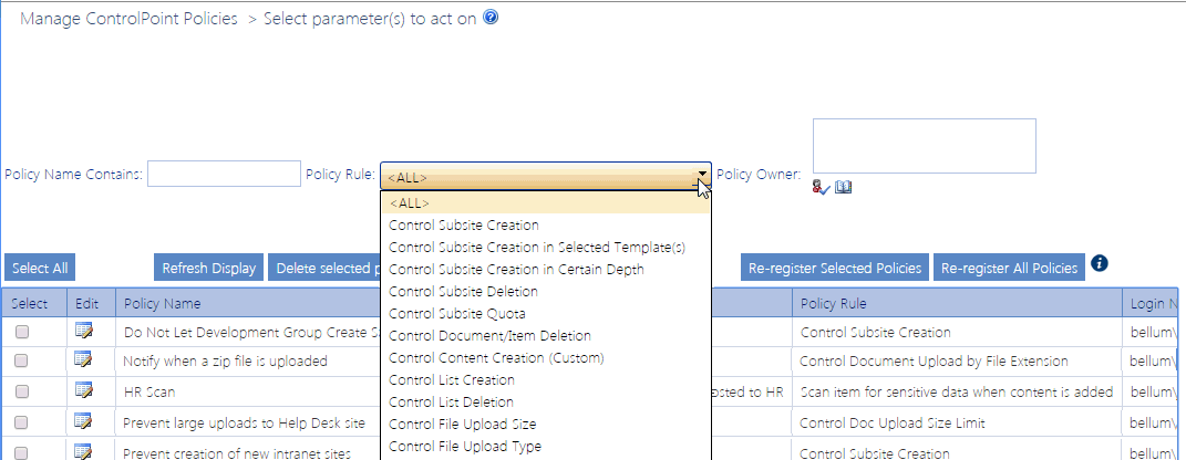 Manage CP Policies FILTER