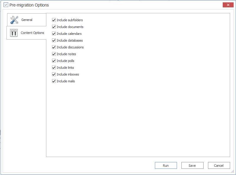 eRoom Pre-Migration Options Content Options