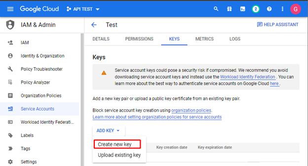 Google Cloud Create Key