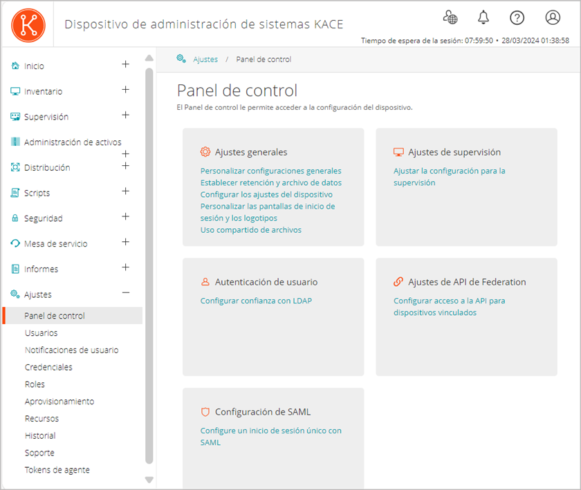 Esta imagen del Panel muestra widgets de Conexiones y Aprovisionamiento, entre otros.