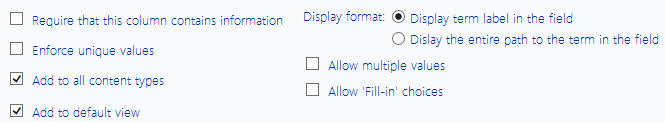 Create Managed Metadata TARGET COLUMN OPTIONS