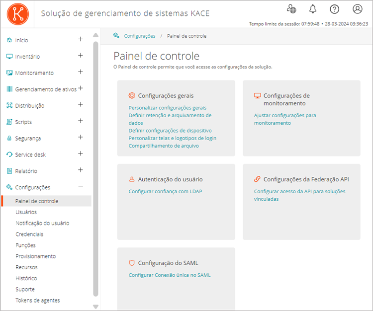 O Painel de controle de configurações dá acesso a várias páginas de configuração para comunicação, rede e assim por diante.