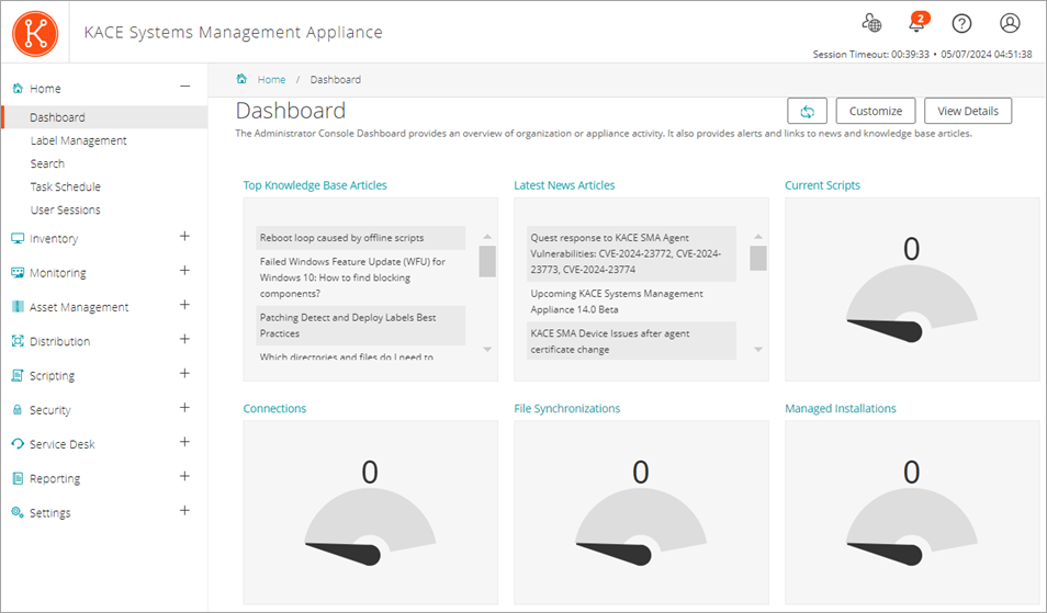 The image of the Dashboard demonstrates the appearance of various widgets like those for License Compliance, Provisioning, and others.