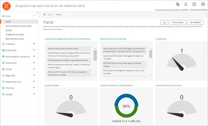 La imagen del Panel muestra la apariencia de varios widgets como los de Cumplimiento de licencias, Aprovisionamiento y otros.