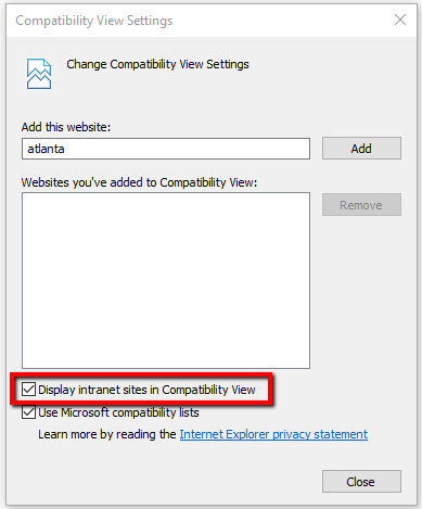 Compatibility View Settings page