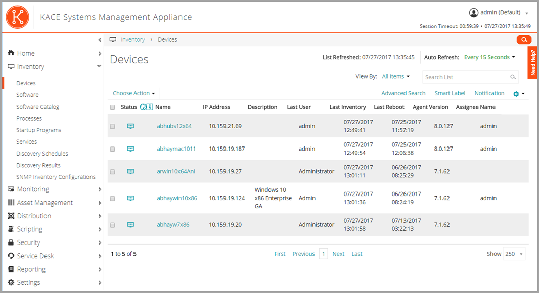 This example of a list page displays the Devices list page, which shows status, IP addresses, and other device information.