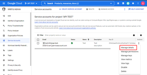 Google Cloud Manage Details Select