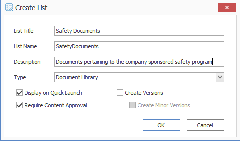 Create List dialog