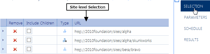 Selection list SITE