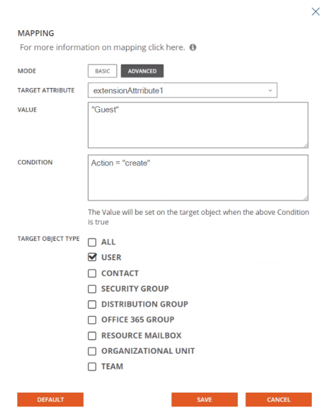 Figure 6: Example of Advanced Mapping used to create local users, so they are ready to be synchronized up to Azure AD as a Guest