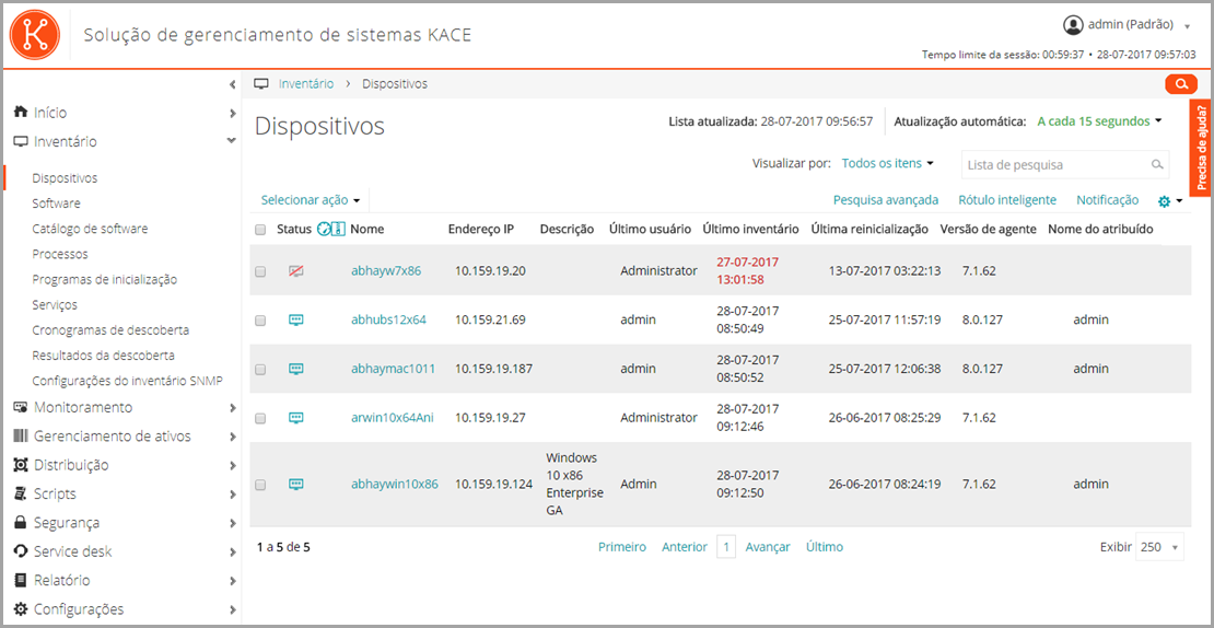 Este exemplo de uma página de lista exibe a página Dispositivos, que mostra status, endereços IP e outras informações do dispositivo.