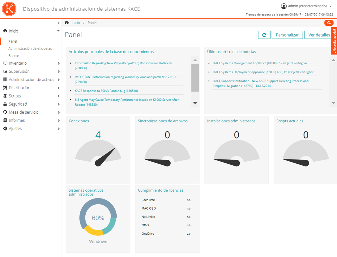 La imagen del Panel muestra la apariencia de varios widgets como los de Cumplimiento de licencias, Aprovisionamiento y otros.