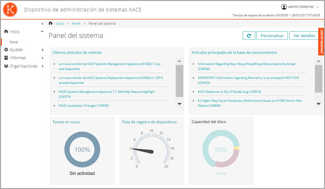 La imagen de la página Resumen del sistema muestra widgets de Capacidad del disco, Tareas en curso y Artículos sobre las últimas novedades.