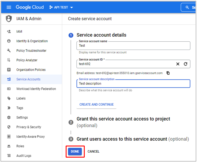 Google Cloud Service Acct Details