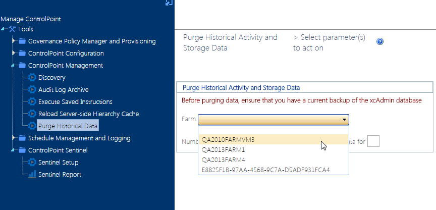 Purge Historical Data FARM DROPDOWN