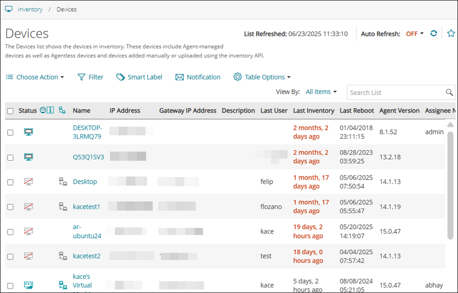 This example of a list page displays the Devices list page, which shows status, IP addresses, and other device information.
