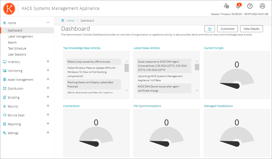 This image of the Dashboard displays Connections and Provisioning widgets, among others.