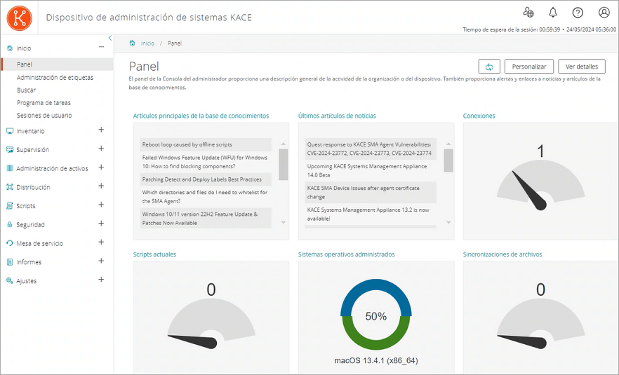 Esta imagen del Panel muestra widgets de Conexiones y Aprovisionamiento, entre otros.