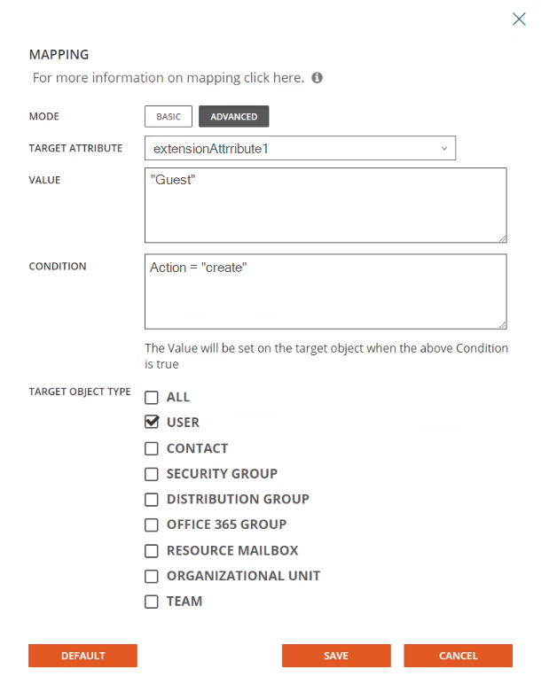 Figure 6: Example of Advanced Mapping used to create local users, so they are ready to be synchronized up to Azure AD as a Guest Figure 6: Example of Advanced Mapping used to create local users, so they are ready to be synchronized up to Azure AD as a Guest