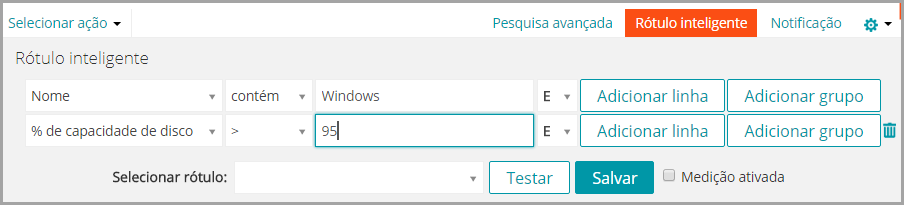 A imagem exibe o painel Rótulo inteligente com os critérios de pesquisa inseridos.