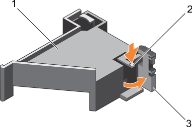 La ilustración muestra cómo abrir el pestillo del soporte de tarjeta PCIe