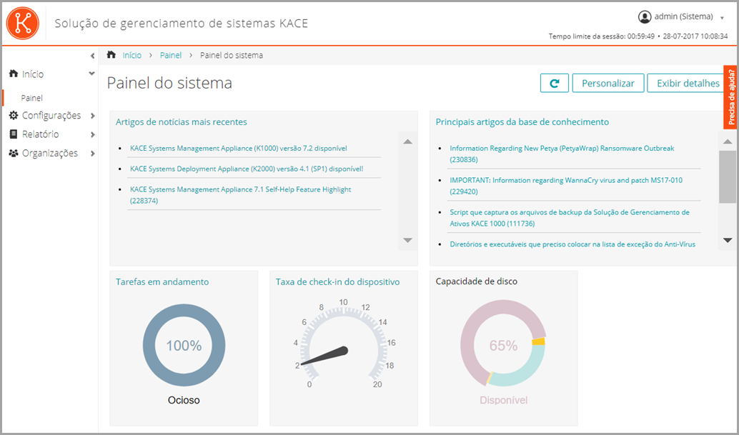 A imagem da página Resumo do sistema mostra os widgets Capacidade de disco, Tarefas em andamento e Artigos de notícias mais recentes.