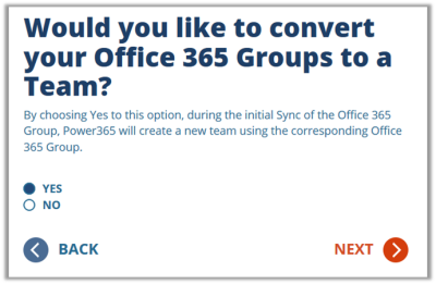 Convert Office 365 Groups to a Team screen