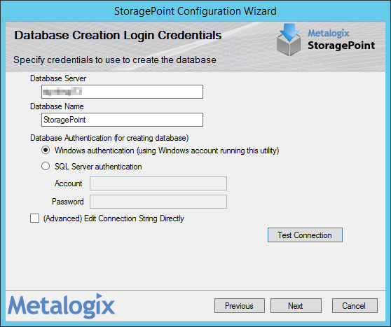 Database creation login credentials