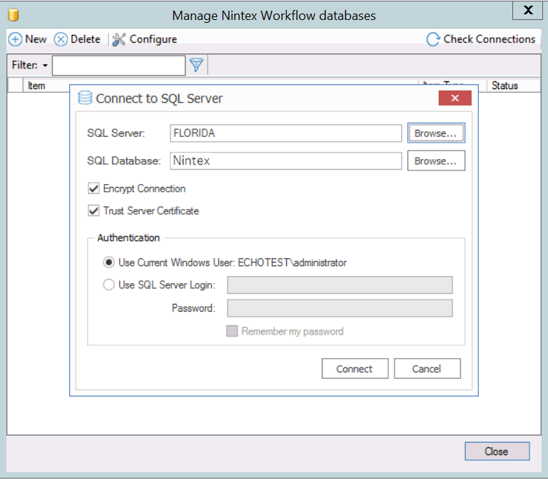 Nintex Connection Dialog