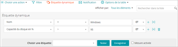 Le panneau Étiquette dynamique contient plusieurs listes déroulantes grâce auxquelles vous pouvez spécifier des critères.