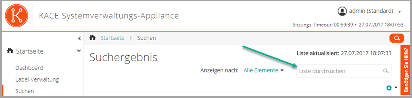 Das Suchfeld wird über der Liste neben der Dropdown-Liste "Anzeigen nach" angezeigt.