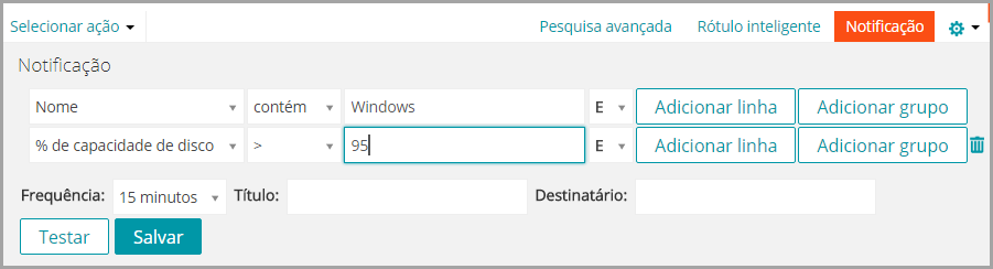 A imagem do painel Notificação mostra uma série de menus suspensos que permitem a definição dos critérios de um cronograma.
