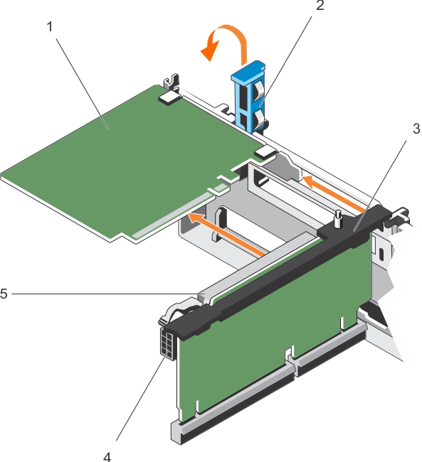 La ilustración muestra cómo extraer una tarjeta de expansión de un soporte vertical para tarjetas de expansión 2 o 3.