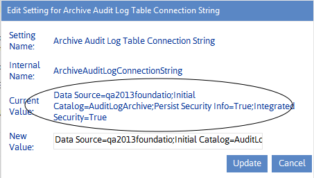 Config Setting ArchiveAuditLogConnectionString
