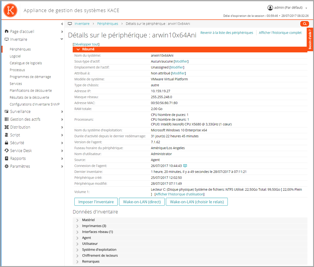 Cette image représente la page Détails sur le périphérique.