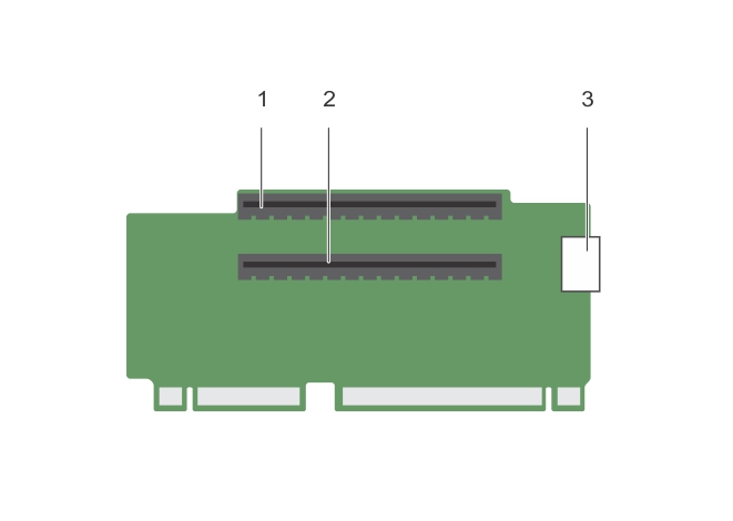 La ilustración muestra los conectores del soporte vertical para tarjetas de expansión 2.