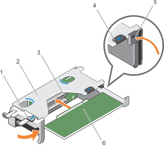 Esta ilustración muestra la instalación de una tarjeta de expansión en el soporte vertical para tarjetas de expansión 1