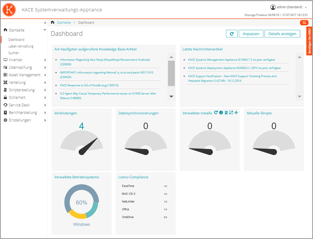 In dieser Abbildung des Dashboards sehen Sie u. a. die Widgets „Verbindungen“ und „Provisionierung“.