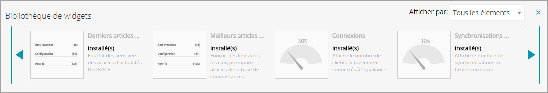 L'image de la Bibliothèque de widgets affiche quatre widgets, qui représentent la manière dont le widget peut apparaître dans la bibliothèque, avec la mention « Installé » ou accompagné d'un bouton d'installation si le widget n'est pas installé.