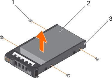 This figure shows removal of a hard drive from a hard drive carrier.