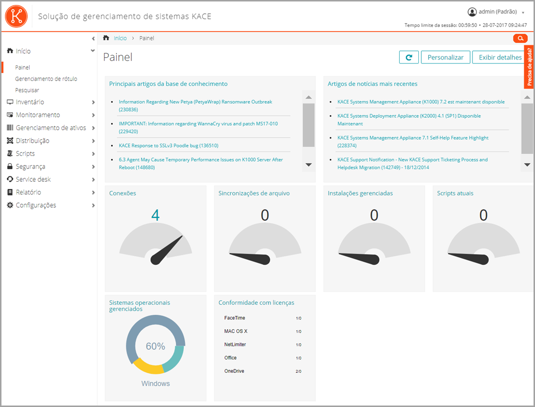 Esta imagem do painel exibe os widgets Conexões e provisionamento, entre outros.