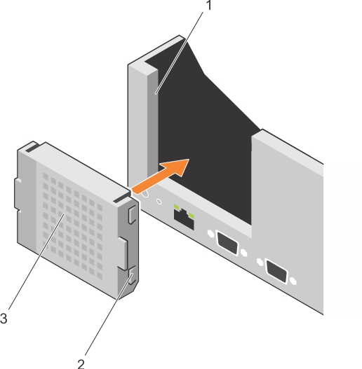 La ilustración muestra cómo instalar el panel protector del soporte vertical 1.