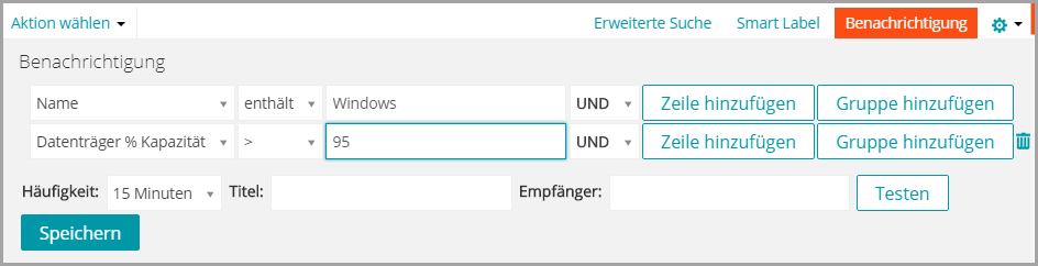 Die Abbildung des Benachrichtigungsbereichs zeigt eine Reihe von Dropdown-Menüs zum Definieren der Zeitplankriterien.