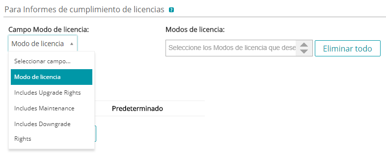 La lista desplegable para el modo de licencia aparece a la izquierda de la sección.