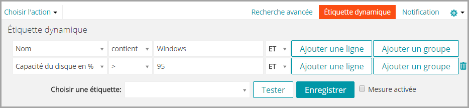 Le panneau Étiquette dynamique contient plusieurs listes déroulantes grâce auxquelles vous pouvez spécifier des critères.