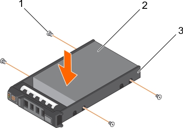 This figure shows installing a hard drive into a hard drive carrier.